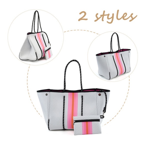 NEOPRENE TOTE, White with Pink & Orange Stripe, detachable pouch, beach tote - Picture 11 of 12